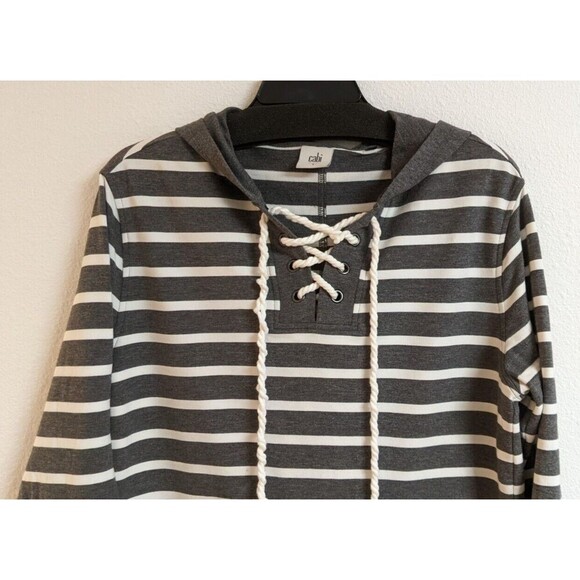 Cabi Women's Windward Striped Hooded Sweatshirt Top Gray/White # 5324 Size Small - Picture 3 of 9